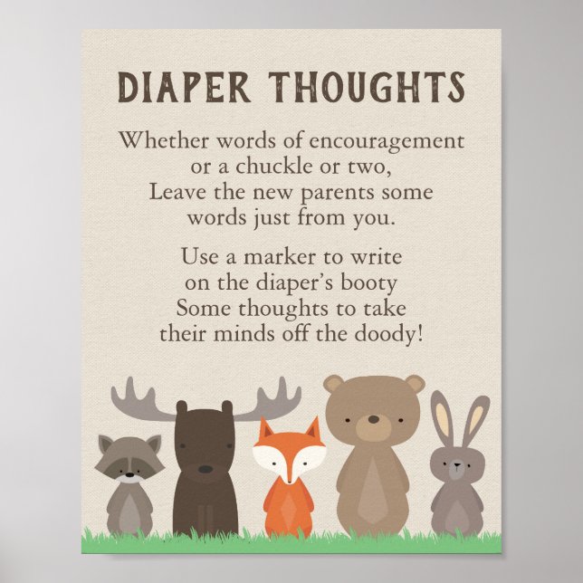 Woodland Baby Shower Diaper Thoughts Game Sign (Front)