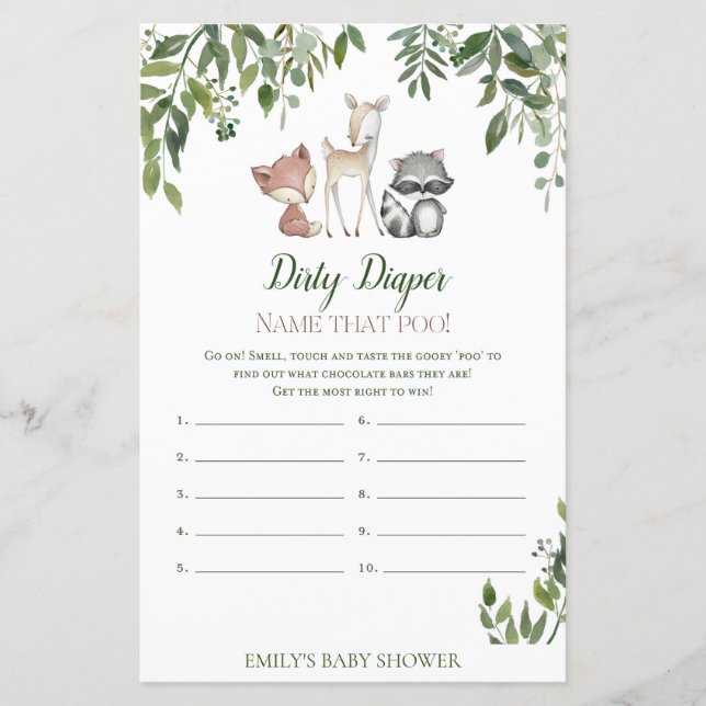 Woodland Baby Shower - Dirty Diaper Game (Front)