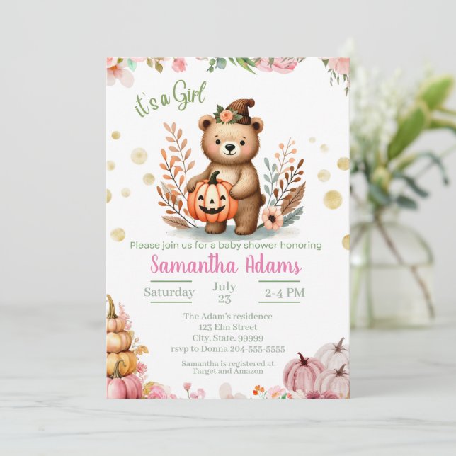 Woodland Baby Shower Fall Pumpkin Girl  Invitation (Standing Front)