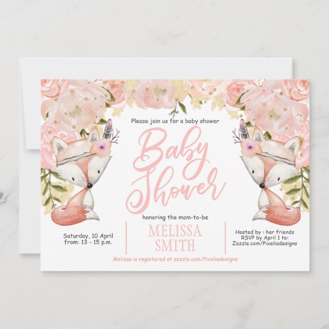 Woodland Baby Shower, Floral, Fox, Baby Shower Invitation (Front)