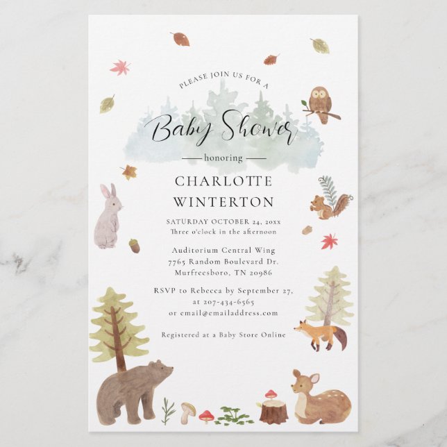 Woodland Baby Shower Forest Animals Stationery (Front)
