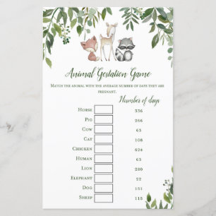 Woodland Baby Shower Game - Animal Gestation Game
