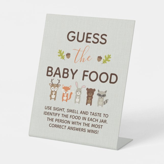 Woodland Baby Shower Game - Guess the Baby Food Po Pedestal Sign (Front)