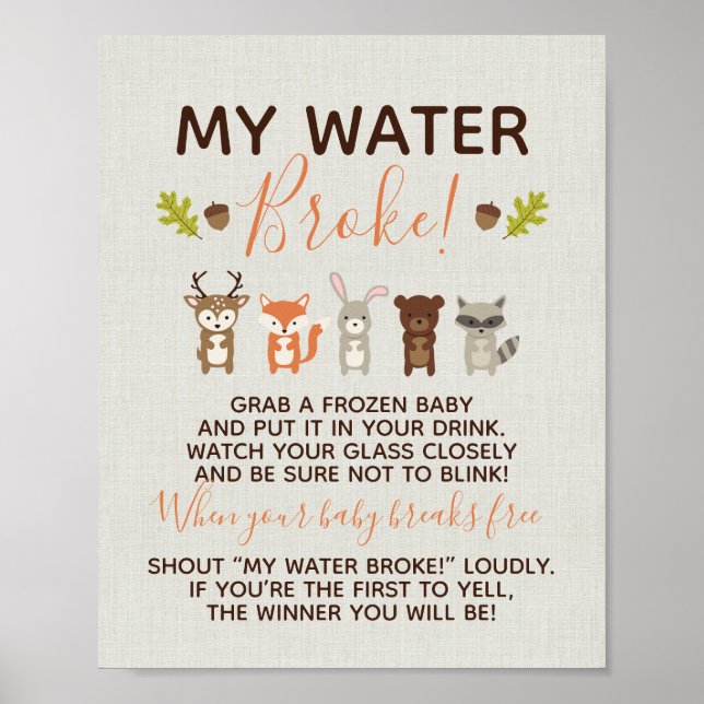 Woodland Baby Shower Game - My Water Broke Poster (Front)