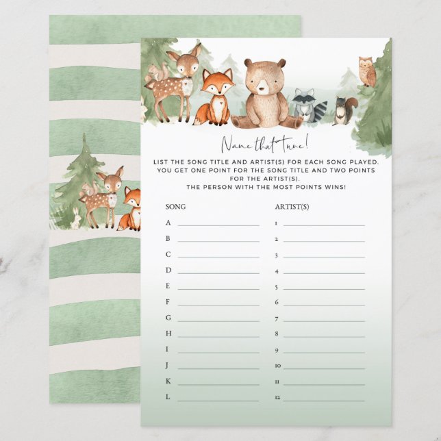 Woodland Baby Shower Game Name That Tune (Front/Back)