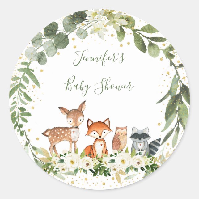 Woodland Baby Shower Greenery Forest Animal Classic Round Sticker (Front)