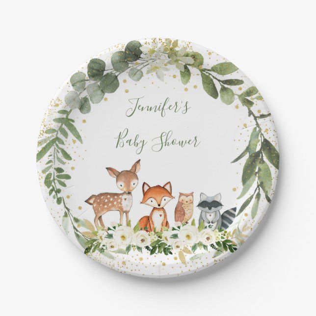 Woodland Baby Shower Greenery Forest Animal Paper Plate (Front)
