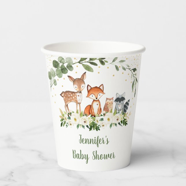 Woodland Baby Shower Greenery Gold Paper Cups (Back)