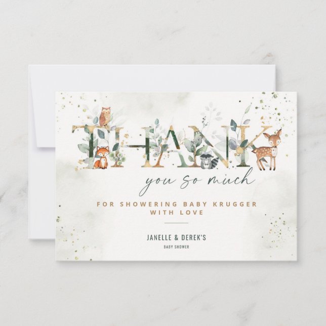 Woodland Baby Shower Greenery Thank You Note Card (Front)