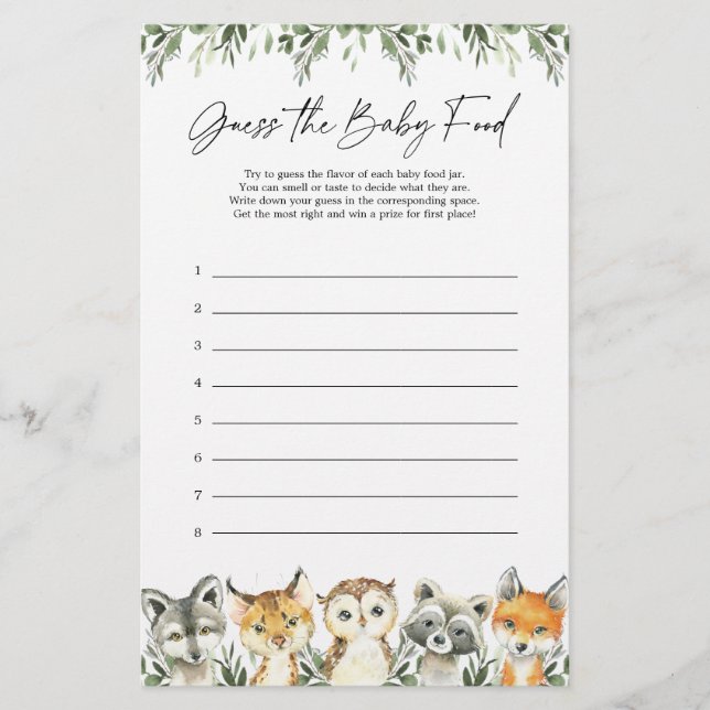 Woodland Baby Shower Guess The Baby Food Game (Front)