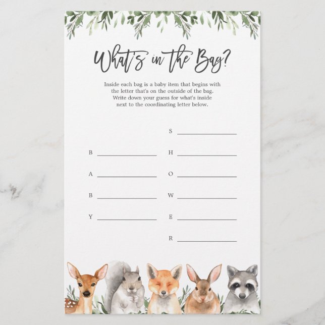 Woodland Baby Shower Guess What's in the Bag Game (Front)