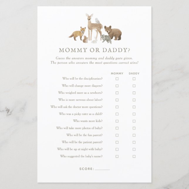 Woodland Baby Shower Guess Who Mummy or Daddy Game (Front)