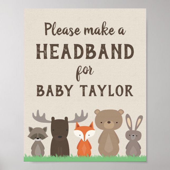 Woodland Baby Shower Headband Station Sign Poster (Front)