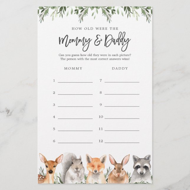 Woodland Baby Shower How Old Were They Game Card (Front)