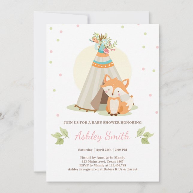 Woodland baby shower invitate Fox Teepee Girl Pink Invitation (Front)