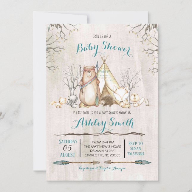 Woodland Baby Shower Invitation, bear boy Invitation (Front)
