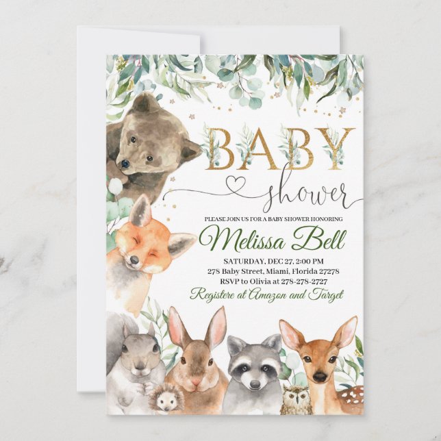 Woodland Baby Shower Invitation Boy, Bear Fox (Front)
