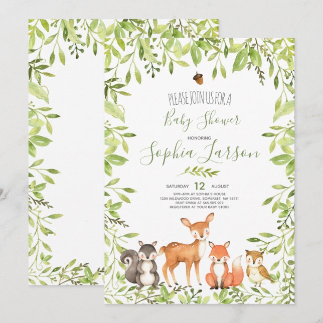 Woodland Baby Shower Invitation Forest Animals (Front/Back)