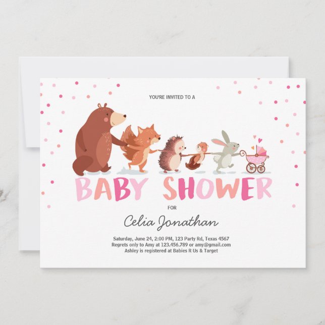 Woodland Baby Shower invitation Girl pink Animals (Front)