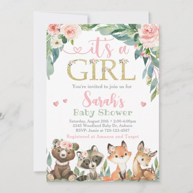 Woodland Baby Shower Invitation, It's A Girl Invitation (Front)