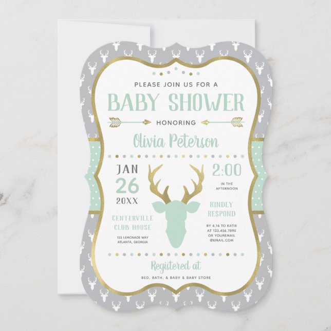 Woodland Baby Shower Invitation, Mint, Grey, Gold Invitation (Front)