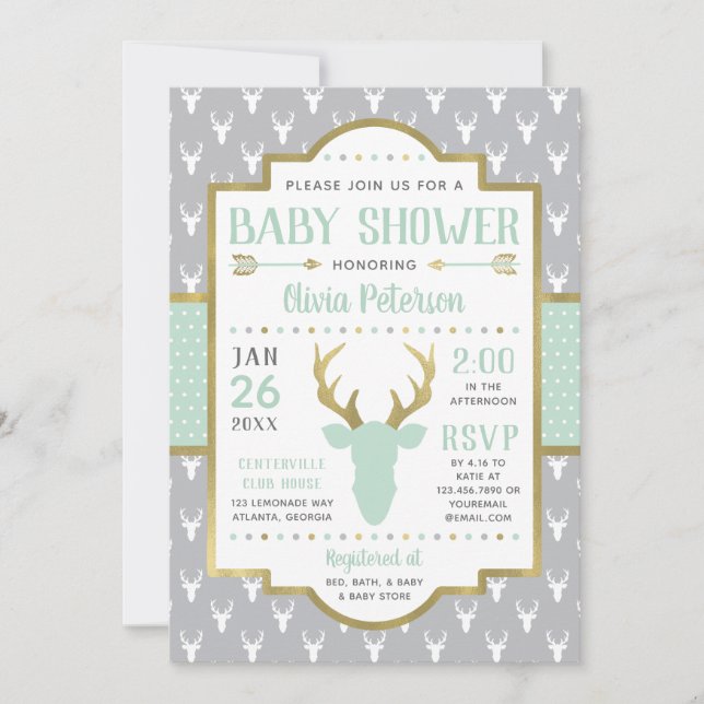 Woodland Baby Shower Invitation, Mint, Grey Invitation (Front)