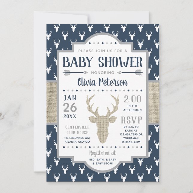 Woodland Baby Shower Invitation, Navy, Burlap Invitation (Front)