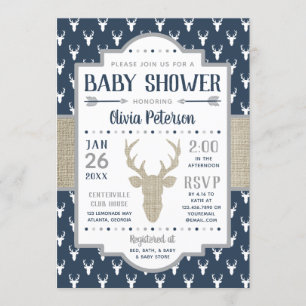 Woodland Baby Shower Invitation, Navy, Burlap Invitation
