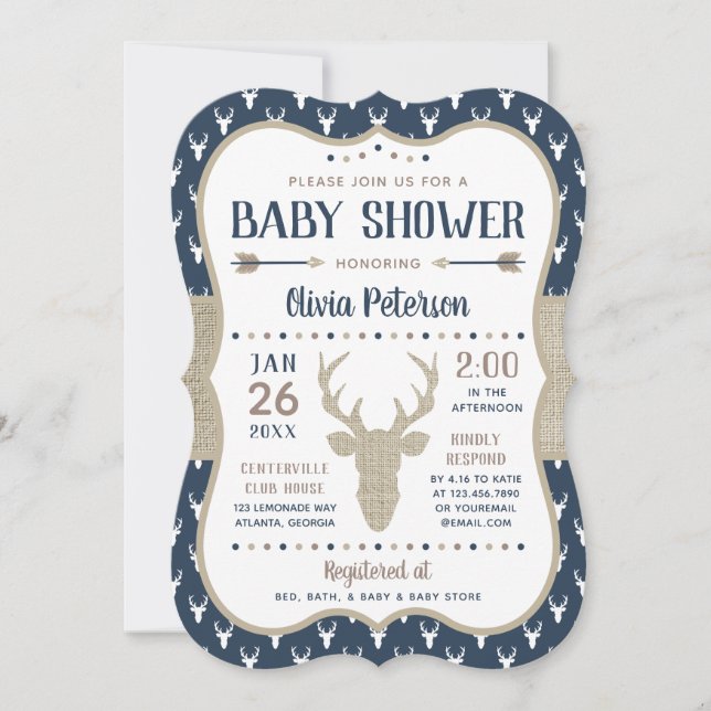 Woodland Baby Shower Invitation, Navy, Burlap Invitation (Front)