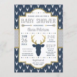 Woodland Baby Shower Invitation, Navy, Grey, Gold Invitation