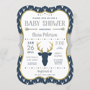 Woodland Baby Shower Invitation, Navy, Grey, Gold Invitation