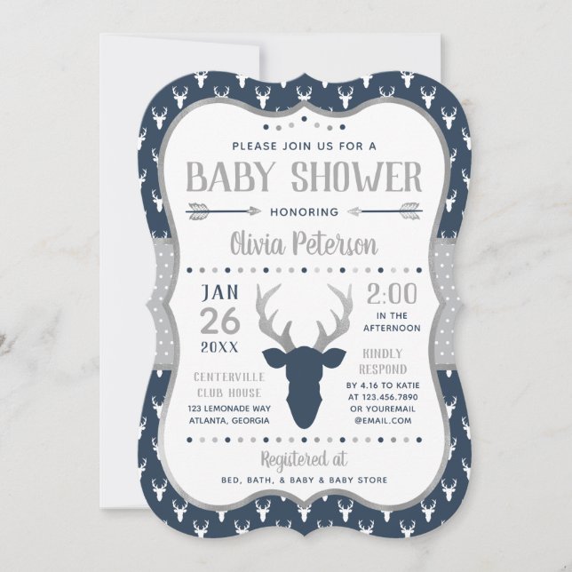 Woodland Baby Shower Invitation, Navy, Grey Invitation (Front)