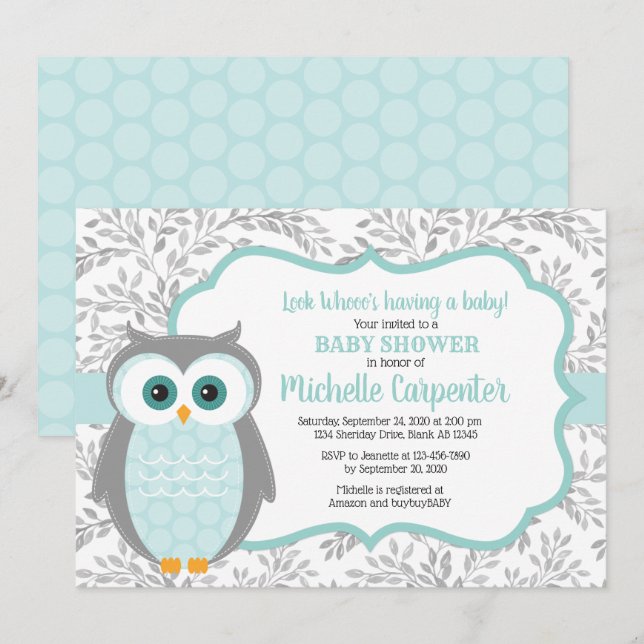 woodland baby shower invitation neutral mint grey (Front/Back)