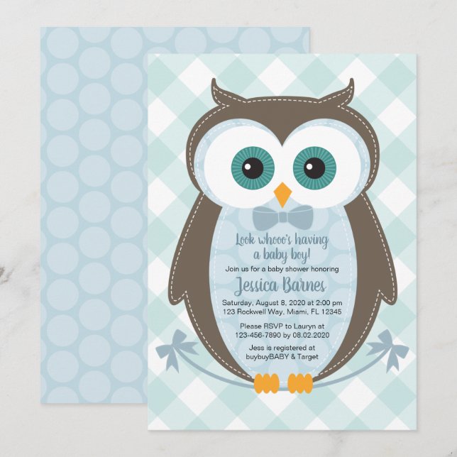 Woodland baby shower invitation owl boy blue brown (Front/Back)