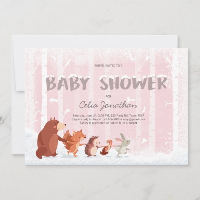 Woodland Baby Shower invitation Pink Winter Snow (Front)