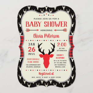 Woodland Baby Shower Invitation, Red, Black, Plaid Invitation