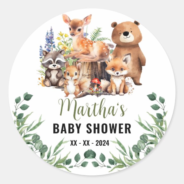 Woodland Baby Shower Invitation | Woodland animals Classic Round Sticker (Front)