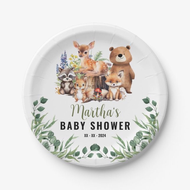 Woodland Baby Shower Invitation | Woodland animals Paper Plate (Front)