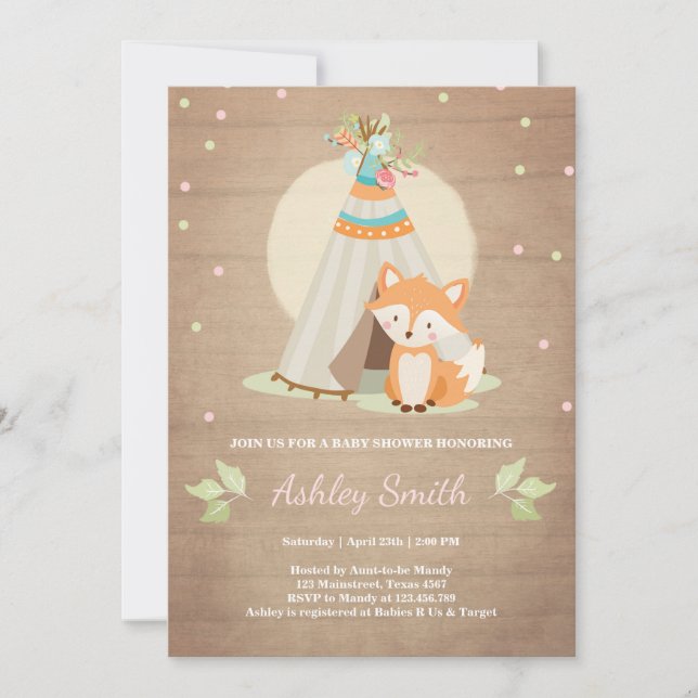 Woodland baby shower invite Fox Teepee Pink Girl (Front)