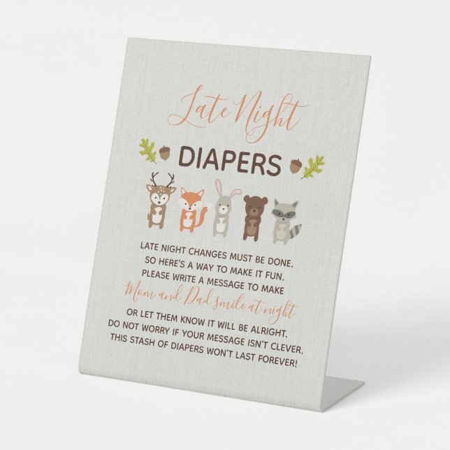 Woodland Baby Shower Late Night Diapers Sign (Front)
