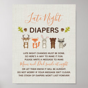 Woodland Baby Shower Late Night Diapers Sign