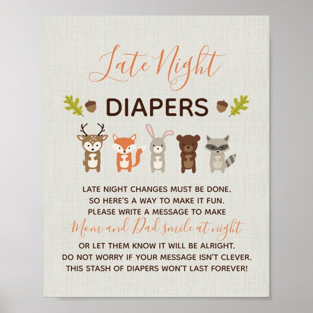 Woodland Baby Shower Late Night Diapers Sign (Front)