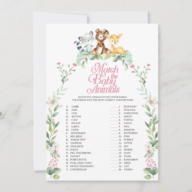 Woodland Baby Shower Match The Baby Animals Game Invitation (Front)