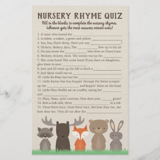 Woodland Baby Shower Nursery Rhyme Quiz Game Cards