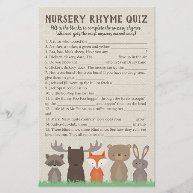 Woodland Baby Shower Nursery Rhyme Quiz Game Cards (Front)