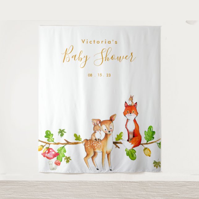 Woodland Baby Shower Photo Booth Backdrop Tapestry (Front)