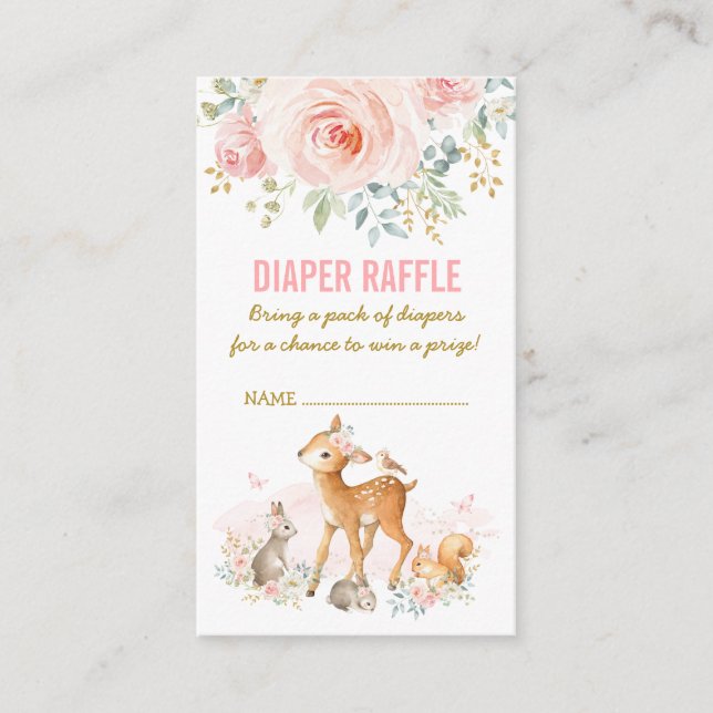 Woodland Baby Shower Pink Floral Diaper Raffle Enclosure Card (Front)