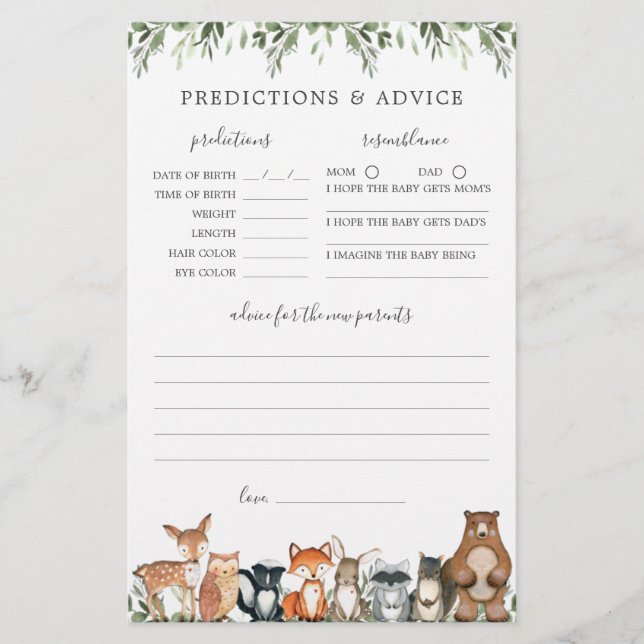 Woodland Baby Shower Predictions and Advice (Front)
