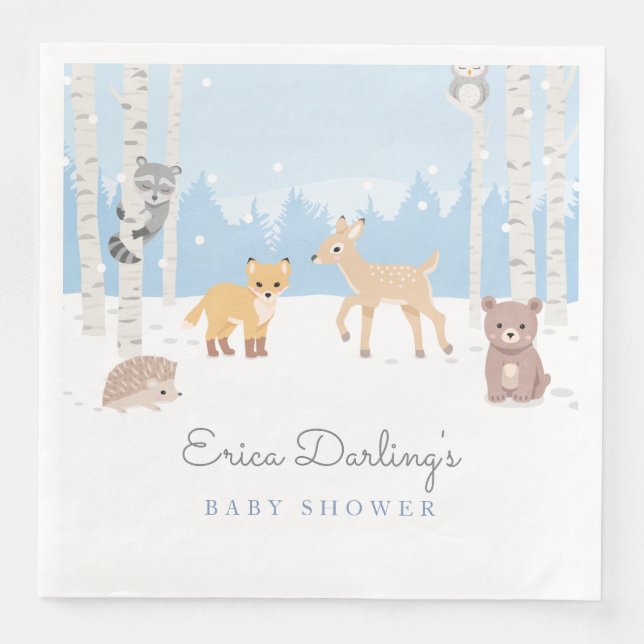 Woodland baby shower theme | winter forest napkin (Front)