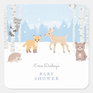 Woodland baby shower theme   winter forest   square sticker